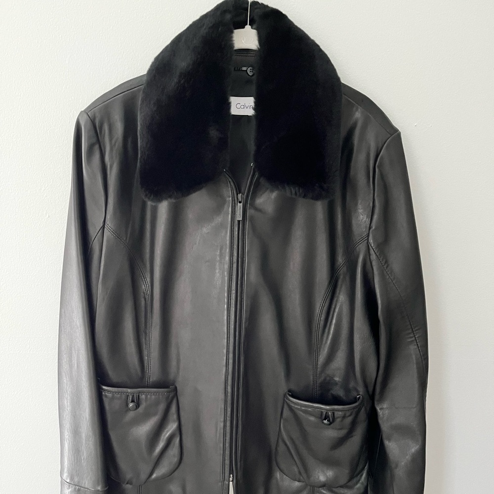 Calvin Klein leather jacket with removable fake fur collar